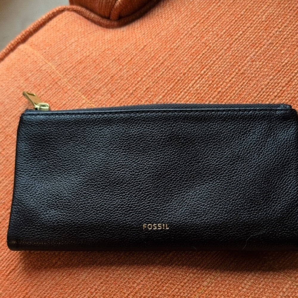 Fossil Black Leather Clutch with Gold Accents